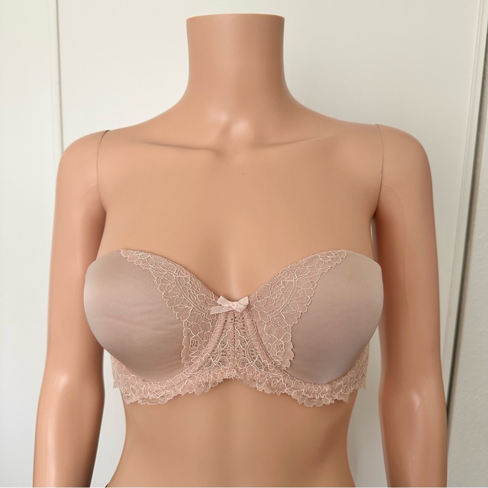 Victoria’s Secret Dream Angels Strapless Bra 32C Nude Pink Floral Lace Bow